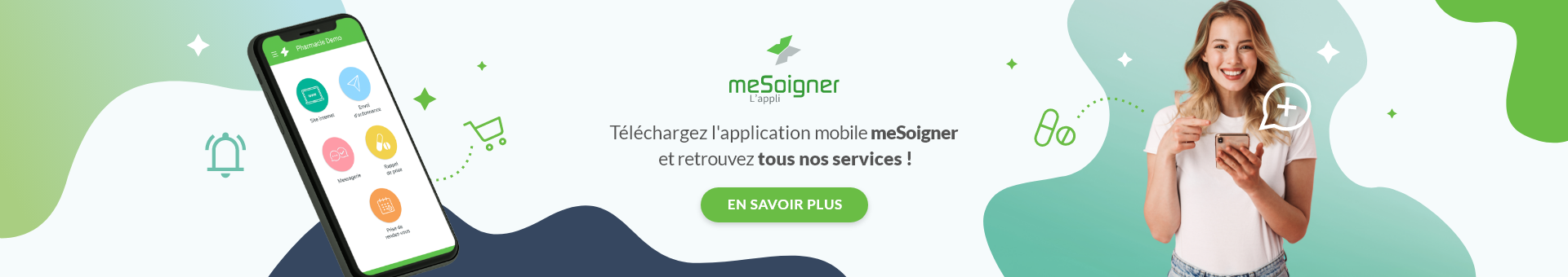 Ecran de smartphone avec envoi d'ordonnance, prise de rendez-vous sur l'application mobile mesoigner